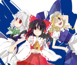 Rule 34 | 3girls, apron, arm up, ascot, blonde hair, bow, braid, brown eyes, brown hair, detached sleeves, expressionless, female focus, from above, hair bow, hair tubes, hakurei reimu, own hands clasped, hands on stomach, hat, izayoi sakuya, kazune (baumkuchen), kirisame marisa, knife, long hair, looking at viewer, lying, maid headdress, mokeo, multiple girls, one eye closed, own hands together, puffy sleeves, red eyes, short sleeves, silver hair, smile, touhou, twin braids, waist apron, witch hat, yellow eyes