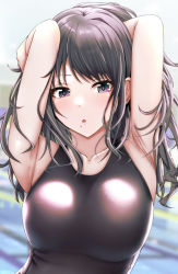 Rule 34 | 1girl, :o, absurdres, aga marino, armpits, arms up, black one-piece swimsuit, blurry, collarbone, competition swimsuit, depth of field, highres, idolmaster, idolmaster shiny colors, kazano hiori, looking at viewer, mole, mole under mouth, one-piece swimsuit, solo, swimsuit, upper body