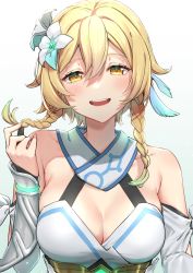Rule 34 | 1girl, alternate hairstyle, blonde hair, braid, breasts, chumugi, cleavage, commentary request, dress, feather hair ornament, feathers, flower, genshin impact, hair flower, hair ornament, highres, lumine (genshin impact), medium breasts, medium hair, open mouth, short hair with long locks, smile, solo, twin braids, twintails, white dress, white flower, yellow eyes