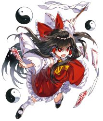 Rule 34 | 1girl, ascot, bare shoulders, black footwear, bloomers, bow, brown hair, commentary request, detached sleeves, dress, frilled shirt collar, frills, gohei, hair bow, hair tubes, hakurei reimu, holding, long sleeves, looking at viewer, manarou, mary janes, ofuda, open mouth, orb, petticoat, red bow, red dress, red eyes, shoes, simple background, socks, solo, touhou, underwear, v-shaped eyebrows, white background, white bloomers, white socks, wide sleeves, yellow ascot, yin yang, yin yang orb
