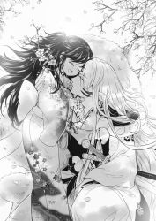 Rule 34 | 1boy, 1girl, arm around back, back bow, black hair, bow, cat princess, cherry blossoms, closed eyes, demon boy, facial mark, fingernails, forehead mark, greyscale, inuyasha, japanese clothes, katana, kimono, long hair, looking at another, monochrome, obi, open mouth, outdoors, parted bangs, pointy ears, rin (inuyasha), sash, sesshoumaru, sharp fingernails, shoulder spikes, side ponytail, smile, spikes, sword, weapon, white hair