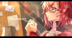 Rule 34 | 1girl, :o, absurdres, ange katrina, ange katrina (1st costume), blue eyes, close-up, cup, english text, from side, glasses, hair ornament, highres, holding, holding cup, lamp, letterboxed, light blush, looking up, morning, mug, nijisanji, open mouth, papa-kun (destiny549-2), photo (object), red hair, short hair, solo, sunlight, triangle hair ornament, virtual youtuber