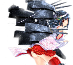Rule 34 | 10s, 1girl, ass, bare shoulders, black hair, cowboy shot, detached sleeves, floral print, hair ornament, headband, japanese clothes, kantai collection, kimono, looking back, machinery, pleated skirt, red eyes, red skirt, short hair, skirt, solo, sumeragi hamao, yamashiro (kancolle)