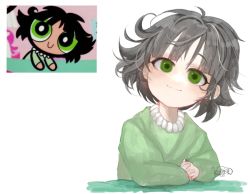 Rule 34 | 1girl, black hair, buttercup (ppg), buttercup redraw challenge (meme), carezero3, closed eyes, derivative work, green eyes, green pajamas, long sleeves, looking at viewer, meme, messy hair, pajamas, powerpuff girls, reference inset, screenshot inset, screenshot redraw, signature, simple background, smile, solo, upper body, white background