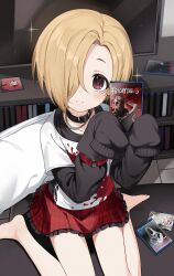 Rule 34 | 1girl, absurdres, arm strap, barefoot, black collar, black shirt, blonde hair, blush, closed mouth, collar, commentary request, dvd case, friday the 13th, full body, hair over one eye, hands up, hectyne, highres, holding case, idolmaster, idolmaster cinderella girls, indoors, layered shirt, long sleeves, looking at viewer, miniskirt, o-ring arm strap, o-ring strap, on floor, one eye covered, parted bangs, pillow, plaid, plaid skirt, pleated skirt, print shirt, red eyes, red skirt, scream (movie), shirasaka koume, shirt, short hair, sitting, skirt, sleeves past fingers, sleeves past wrists, smile, solo, sparkle, splatter print, television, torn clothes, torn shirt, wariza, white shirt