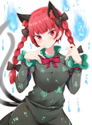 Rule 34 | 1girl, animal ear fluff, animal ears, black bow, blue fire, blush, bow, bowtie, braid, breasts, cat ears, cat tail, closed mouth, commentary request, dress, fire, frills, grey dress, hair bow, hands up, juliet sleeves, kaenbyou rin, long hair, long sleeves, looking away, medium breasts, multiple tails, pink bow, pink bowtie, pointing, puffy sleeves, red eyes, red hair, rururiaru, simple background, solo, standing, tail, touhou, twin braids, two tails, white background