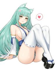 Rule 34 | 1girl, animal ears, aqua hair, ass, bare shoulders, blue ribbon, blunt bangs, blush, breasts, cat ears, clothing request, commentary request, covered erect nipples, detached sleeves, full body, green eyes, halterneck, heart, highres, hime cut, kurone rinka, large breasts, long hair, looking at viewer, obi, original, reclining, ribbon, ribbon-trimmed legwear, ribbon-trimmed sleeves, ribbon trim, sash, sideboob, sidelocks, simple background, sitting, solo, spoken heart, tabi, thighhighs, thong, very long hair, white background, white thighhighs, wide sleeves