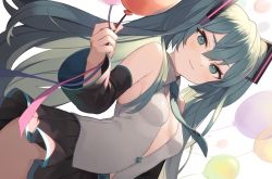 1girl, :3, aqua eyes, aqua hair, aqua neckwear, balloon, bare shoulders, black skirt, blush, breasts, closed mouth, commentary request, detached sleeves, dutch angle, hatsune miku, heart, highres, holding, holding balloon, kurige horse, long hair, looking at viewer, miniskirt, necktie, no bra, partially unzipped, pleated skirt, skirt, small breasts, smile, solo, twintails, very long hair, vocaloid, zipper pull tab