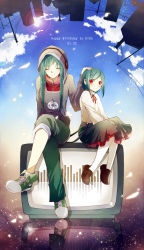 Rule 34 | 1girl, aged down, alternate costume, alternate hair length, alternate hairstyle, birthday, character name, cityscape, closed eyes, cloud, crossed legs, dated, dual persona, green hair, hand on another&#039;s head, happy birthday, highres, hood, hoodie, kagerou project, kido tsubomi, lens flare, long hair, red eyes, short hair, sitting, skirt, sky, smile, television, time paradox, v arms, winniconan