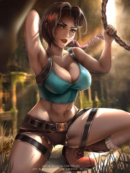 Rule 34 | 1girl, abs, belt, boots, breasts, brown eyes, brown hair, cleavage, emerald-weapon, holster, lara croft, large breasts, lipstick, long hair, makeup, ponytail, rope, short shorts, shorts, solo, strap, tank top, tomb raider