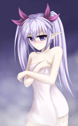 Rule 34 | 1girl, agarest senki, agarest senki (series), blush, collarbone, covering privates, crossed arms, elf, female focus, flat chest, fyuria, fyuria (agarest senki), hair ribbon, highres, light purple hair, long hair, long pointy ears, looking at viewer, naked towel, nude, nude cover, pointy ears, purple eyes, purple hair, ribbon, ricegnat, serious, shy, silver hair, solo, standing, steam, towel, twintails, very long hair