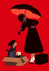 Rule 34 | 1boy, 1girl, animal ears, animification, black dress, black hair, black headwear, blue shorts, box, briefcase, cat boy, cat ears, cat tail, collared shirt, dress, hat, high heels, holding, holding umbrella, in box, in container, long sleeves, looking at another, number five (the umbrella academy), qin (7833198), red background, school uniform, shirt, short hair, shorts, simple background, tail, the handler (the umbrella academy), the umbrella academy, umbrella