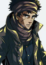 Rule 34 | 1boy, black hair, brown eyes, brown headband, brown scarf, egg (cknlun), facial scar, headband, jacket, joe (megalo box), long sleeves, looking at viewer, male focus, megalo box, scar, scar on cheek, scar on face, scarf, simple background, solo, thick eyebrows, upper body, white background