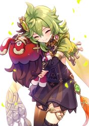 Rule 34 | 1girl, baron bunny (genshin impact), blush, brown thighhighs, capelet, closed eyes, collei (genshin impact), commentary request, crossed bangs, detached sleeves, earrings, genshin impact, green capelet, green hair, hair between eyes, hair ornament, highres, jewelry, leaf, hugging object, ria (lya s2), simple background, smile, solo, tassel, thigh strap, thighhighs, vision (genshin impact), white background
