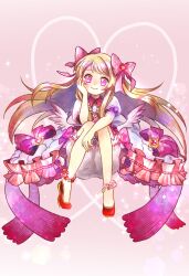 Rule 34 | 1girl, bad id, bad twitter id, blonde hair, bloomers, chaos marie (grimms notes), cleavage cutout, clothing cutout, dress, eipiiiiiiii, flower, flower ornament, gradient hair, grimms notes, hair spread out, hand on own cheek, hand on own face, jewelry, multicolored hair, necklace, pendant, pink background, pink eyes, puffy short sleeves, puffy sleeves, red footwear, rose, shoes, short sleeves, sitting, smile, solo, underwear, wings