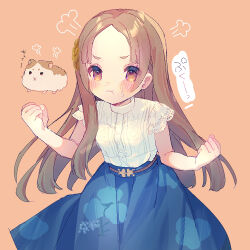 Rule 34 | 1girl, :t, angry, aqua skirt, blush, brown hair, clenched hands, commentary request, floral print, forehead, gakuen idolmaster, hamster, idolmaster, kuramoto china, layered sleeves, long hair, looking at viewer, parted bangs, pout, puff of air, shirt, simple background, skirt, solo, straight hair, sweatdrop, very long hair, white shirt, yunomi (moyattemasu)