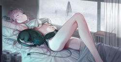 Rule 34 | 1girl, ahoge, arm up, armpits, bad id, bad pixiv id, bare legs, bed, bed sheet, beer can, black cat, black shorts, black tail, blurry, blurry foreground, blush, breasts, building, can, cat, closed eyes, closed mouth, covered erect nipples, crop top, curtains, demon horns, demon tail, dolphin shorts, drink can, hand on own stomach, highres, horns, indoors, knee up, large breasts, long hair, lying, messy hair, navel, no bra, on back, original, pillow, pink hair, pointy ears, radio, rain, refla, see-through, shirt, short shorts, shorts, sleeping, sleeveless, sleeveless shirt, smile, solo, stomach, tail, underboob, very long hair, water drop, white shirt, window