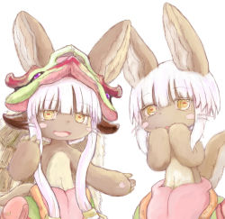 Rule 34 | 10s, animal ears, blush stickers, ears through headwear, furry, made in abyss, nanachi (made in abyss), smile, tail, whiskers, white background, white hair, yellow eyes