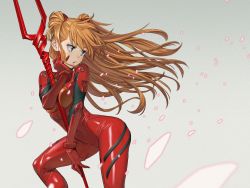 Rule 34 | 1girl, bident, blue eyes, bodysuit, breasts, commentary, feet out of frame, grey background, hand on own face, highres, komi shin&#039;ya, lance of longinus (evangelion), long hair, neon genesis evangelion, orange hair, parted lips, petals, pilot suit, plugsuit, polearm, red bodysuit, simple background, solo, souryuu asuka langley, two side up