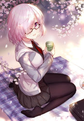 Rule 34 | 1girl, :d, bison cangshu, black-framed eyewear, black dress, black pantyhose, black skirt, breasts, cherry blossoms, dango, dress, fate/grand order, fate (series), food, from above, glasses, hair over one eye, hanami, hood, hooded jacket, jacket, large breasts, looking at viewer, mash kyrielight, miniskirt, necktie, no shoes, open mouth, pantyhose, pleated skirt, purple eyes, purple hair, red necktie, short hair, sitting, skirt, smile, soles, solo, wagashi