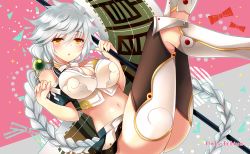 Rule 34 | 10s, 1girl, asymmetrical hair, bare shoulders, braid, breasts, brown thighhighs, cleavage cutout, clothing cutout, cloud print, female focus, ichiyou moka, jitome, kantai collection, large breasts, long hair, looking at viewer, midriff, navel, open mouth, polearm, silver hair, single braid, solo, thighhighs, thighs, unryuu (kancolle), very long hair, wavy hair, weapon, yellow eyes