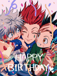 3boys age_difference arm_around_neck behind_another cake chromatic_aberration confetti constricted_pupils food gon_freecss hand_on_another&#039;s_head happy_birthday highres hisoka_morow holding holding_party_popper hunter_x_hunter killua_zoldyck looking_at_another male_focus multiple_boys nervous_sweating party_popper sweat thicopoyo wavy_mouth