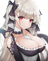 Rule 34 | 1girl, azur lane, between breasts, black bow, black dress, bow, breasts, cleavage, closed mouth, commentary, dress, formidable (azur lane), frilled dress, frills, grey hair, hair bow, highres, large breasts, long hair, looking at viewer, meow nyang, red eyes, simple background, solo, two side up, white background
