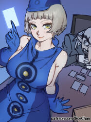 1boy 1girl absurdres arm_support artist_name bald between_fingers blonde_hair blue_dress blue_gloves blunt_bangs bob_cut breasts card card_between_fingers commentary_request dress elizabeth_(persona) field_cap gloves glowing_card grin highres holding igor_(persona) large_breasts light_blush long_nose looking_at_viewer patreon_username persona persona_3 poechan_chan pointy_ears short_hair sideboob sitting sitting_on_table sleeveless sleeveless_dress smile velvet_room watermark web_address white_hair yellow_eyes