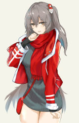 Rule 34 | 1girl, alternate costume, arm up, bag, breasts, brown eyes, christmas, commentary, feet out of frame, girls&#039; frontline, grey hair, grey sweater, hair ornament, hairclip, highres, jacket, long hair, long sleeves, looking at viewer, lzayui sabeth, merry christmas, open clothes, open jacket, open mouth, red bag, red jacket, red scarf, scar, scar across eye, scarf, shoulder bag, side ponytail, small breasts, solo, standing, sweater, ump45 (girls&#039; frontline), white background