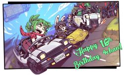 Rule 34 | 1girl, 4chan, 4others, anonymous (4chan), birthday, driving, dutch angle, framed, green eyes, green hair, koiwai yotsuba, motion blur, multiple others, open mouth, outdoors, quad tails, rabbit girl, racing, raglan sleeves, ramenwarwok, red scarf, scarf, short hair, teeth, toyota 86, upper teeth only
