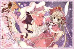 Rule 34 | 1girl, :d, animal ears, bow, brown eyes, brown hair, capelet, dress, frilled dress, frills, full body, hairband, inugami kira, lolita hairband, long hair, looking at viewer, open mouth, original, patterned legwear, rabbit ears, ruffled shirt, smile, snowflakes, solo, thighhighs