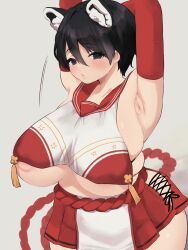 Rule 34 | 1girl, animal ear fluff, animal ears, areola slip, arm behind head, armpits, arms up, black eyes, black hair, blue archive, blush, breasts, elbow gloves, gloves, huge breasts, japanese clothes, korehakonbu, miko, red gloves, revealing clothes, rope belt, short hair, skirt, solo, tsubaki (blue archive), underboob