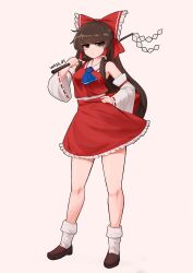 Rule 34 | 1girl, absurdres, artist name, ascot, blue ascot, bow, brown eyes, brown hair, closed mouth, commentary, detached sleeves, full body, gohei, hair bow, hair tubes, hakurei reimu, hand on own hip, highres, holding, korean commentary, long hair, looking at viewer, pink background, red bow, red shirt, red skirt, ribbon-trimmed sleeves, ribbon trim, shirt, sidelocks, simple background, skirt, socks, solo, standing, touhou, virtus, white socks