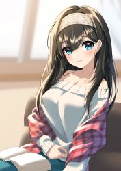 Rule 34 | 1girl, aqua eyes, bare shoulders, black hair, blurry, blurry background, blush, book, book on lap, breasts, couch, depth of field, hair between eyes, hairband, highres, idolmaster, idolmaster cinderella girls, indoors, large breasts, long sleeves, looking at viewer, off-shoulder sweater, off shoulder, on couch, parted lips, plaid shawl, sagisawa fumika, shawl, sitting, smile, solo, straight hair, sweater, v3assalut, window