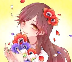 Rule 34 | 10s, 1girl, anemone (flower), arashio (kancolle), bouquet, brown hair, chabame, flower, gradient background, hair flower, hair ornament, kantai collection, long hair, smile, solo, yellow background, yellow eyes