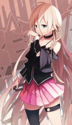 Rule 34 | 1girl, absurdres, bare shoulders, black tank top, black thighhighs, braid, choker, closed mouth, collarbone, hair between eyes, hair ornament, hand up, highres, holding, ia (vocaloid), long hair, long sleeves, looking at viewer, multicolored background, pink skirt, pleated skirt, senzaicha kasukadoki, single thighhigh, skirt, solo, standing, tank top, thigh strap, thighhighs, twin braids, very long hair, vocaloid