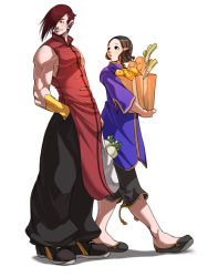 Rule 34 | 1boy, 1girl, bag, baggy pants, blush, capcom, chinese clothes, couple, falcoon, grocery bag, hair over one eye, hetero, muscular, pants, shaomei (street fighter), shoes, shopping bag, sneakers, street fighter, street fighter iii (series), turnip, yang lee