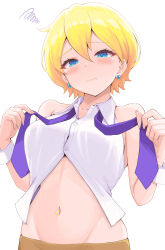 1girl blonde_hair blush breasts brown_skirt closed_mouth collarbone collared_shirt commentary_request dress_shirt earrings groin hair_between_eyes half-closed_eyes hands_up highres holding_necktie jewelry judy_(pop&#039;n_music) looking_at_viewer medium_breasts navel necktie pop&#039;n_music purple_necktie shirt short_hair simple_background skirt solo squiggle temari_rin white_background white_shirt