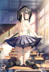 Rule 34 | 1girl, 3:, back, black hair, black socks, blush, bra, breasts, chalkboard, classroom, closed mouth, clothes lift, desk, detexted, from behind, full body, hair ornament, hair scrunchie, highres, indoors, kantoku, kneehighs, kneeling, lifted by self, looking back, no shirt, one side up, original, outstretched arms, panties, panty pull, plaid, plaid skirt, pleated skirt, purple eyes, school desk, scrunchie, shizuku (kantoku), short hair, sideboob, sidelocks, skirt, skirt lift, small breasts, socks, solo, sunlight, third-party edit, underwear, white bra, white panties