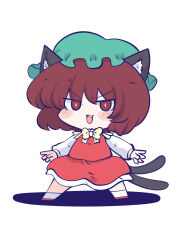 Rule 34 | 1girl, :3, :d, animal ear fluff, animal ears, arms up, bow, bowtie, bright pupils, brown eyes, brown hair, cat ears, cat tail, chahan (fried rice0614), chen, chibi, commentary request, fang, full body, green hat, hat, highres, legs apart, long sleeves, looking at viewer, mob cap, multiple tails, nekomata, open mouth, petticoat, puffy long sleeves, puffy sleeves, red skirt, red vest, shadow, short hair, simple background, skirt, skirt set, smile, solo, standing, tail, touhou, two tails, v-shaped eyebrows, vest, white background, white pupils, yellow bow, yellow bowtie