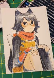 Rule 34 | 1girl, :&lt;, ange (angeban93), animal ears, arm guards, armor, art tools in frame, bare shoulders, black fur, black hair, body fur, brown skirt, cat ears, cat girl, cat tail, dungeon meshi, feet out of frame, hands on own knees, hashtag-only commentary, highres, izutsumi, knees up, leather armor, multicolored tail, pencil, photo (medium), red scarf, scarf, short hair, simple background, sitting, skirt, sleeveless, solo, tail, tail raised
