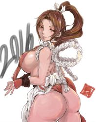 Rule 34 | 10s, 1girl, 2016, ass, blush, breasts, brown hair, fatal fury, from behind, highres, huge ass, large breasts, looking at viewer, looking back, naughty face, ponytail, shiranui mai, sideboob, smile, solo, standing, thick thighs, thighs, wide hips