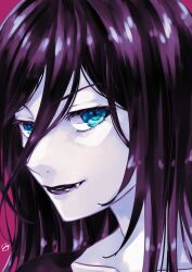 Rule 34 | 1girl, black blood brothers, black hair, black lips, blue eyes, cassandra jill warlock, close-up, collarbone, commentary request, fang, hair between eyes, highres, lo lis, pale skin, portrait, profile, purple background, signature, solo