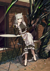 Rule 34 | 1girl, absurdres, adios, animal ear fluff, animal ears, apron, arknights, black dress, black footwear, breasts, brick wall, building, cat ears, closed mouth, crossed legs, dress, expressionless, frilled dress, frills, full body, green eyes, hand on own cheek, hand on own face, highres, house, kal&#039;tsit (arknights), large breasts, leaf, long sleeves, looking afar, looking away, maid, mon3tr (arknights), monster, official alternate costume, outdoors, short hair, silver hair, sitting, stool, table, white apron
