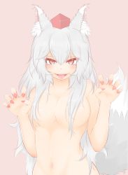 Rule 34 | 1girl, alternate hair length, alternate hairstyle, animal ears, breasts, claw pose, cube85, fangs, female focus, fingernails, hair between eyes, hair censor, hat, highres, inubashiri momiji, large breasts, long hair, looking at viewer, nail polish, navel, nude, open mouth, pink eyes, sharp fingernails, silver hair, slit pupils, solo, tail, tokin hat, tongue, tongue out, touhou, very long hair, wolf ears, wolf tail