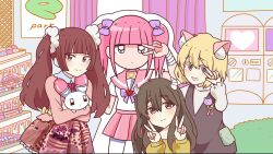 Rule 34 | 4girls, animal, animal ear fluff, animal ears, bad tag, black vest, blonde hair, blunt bangs, blush, bow, brown eyes, brown hair, buttons, cardboard cutout, cardigan, cat ears, commentary request, double v, dress, end card, ezaki bisuko, fake animal ears, fake horns, hair ribbon, heart, holding, holding animal, holding rabbit, horns, indoors, looking at viewer, menhera-chan (ezaki bisuko), menhera-chan (ezaki bisuko) (character), multiple girls, official art, park harajuku: crisis team!, pink dress, pink sailor collar, pink skirt, pleated skirt, poster (object), purple bow, rabbit, red eyes, red hair, ribbon, sailor collar, second-party source, selfie, shirako mari, short twintails, sidelocks, skirt, smile, sudou rito, thighhighs, twintails, urahara (anime), usatan (ezaki bisuko), v, vest, watatsumugi kotoko, white dress, white thighhighs, yellow cardigan