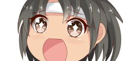 Rule 34 | + +, 10s, 1girl, black hair, brown eyes, close-up, eyebrows visible through headband, headband, kantai collection, looking at viewer, nagara (kancolle), nahaki, no nose, open mouth, portrait, short hair, side ponytail, simple background, sin-poi, solo, sparkling eyes, symbol-shaped pupils, white background