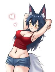 Rule 34 | 1girl, absurdres, ahri (league of legends), animal ears, arms behind back, arms up, artist request, blush, breasts, casual, cleavage, collarbone, fox ears, fox girl, fox tail, groin, heart, highres, jerrytz97, large breasts, league of legends, long hair, looking at viewer, navel, red shirt, shirt, short shorts, shorts, simple background, solo, tail, white background