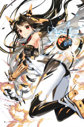 Rule 34 | 1girl, black gloves, black hair, breasts, electricity, empew, gloves, grey scarf, index finger raised, long hair, red eyes, scarf, simple background, small breasts, soccer spirits, solo, very long hair, white background