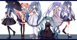 Rule 34 | 6+girls, aqua hair, blue hair, boots, bow, bowtie, cha (cha5903), closed eyes, dress, finger to mouth, gift, gloves, green hair, hatsune miku, highres, letterboxed, long hair, multiple girls, open mouth, pantyhose, pink hair, scarf, skirt, smile, striped clothes, striped legwear, striped pantyhose, thigh boots, thighhighs, twintails, umbrella, very long hair, vocaloid